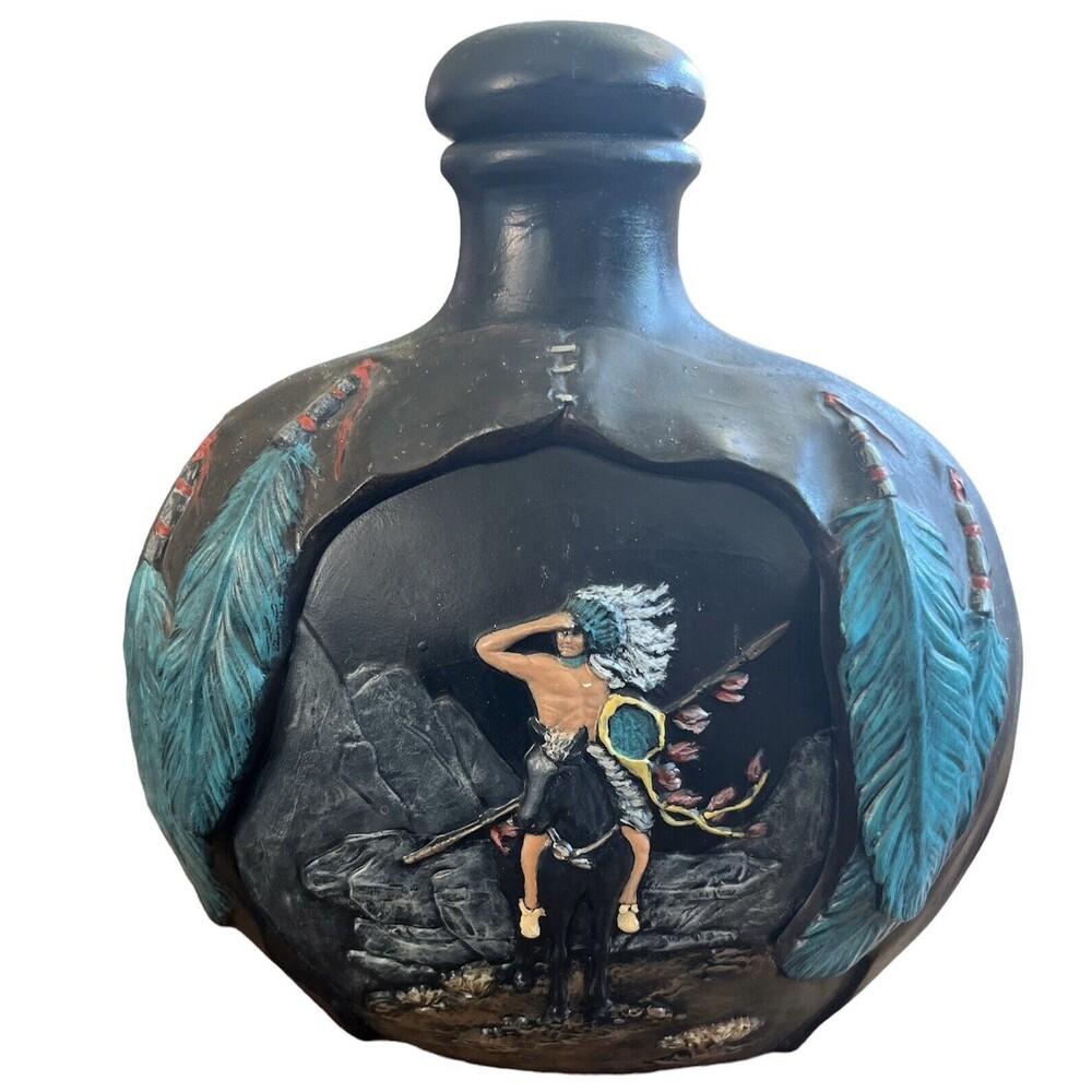 Vintage Native American Folk  Art Hand Painted Provincial Mold Ceramic‎ Decanter